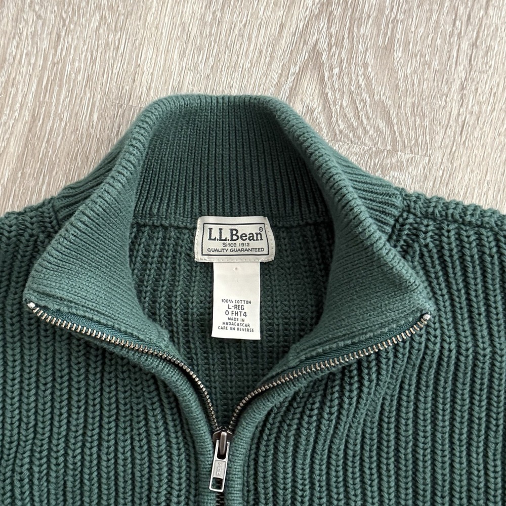 LL Bean Cotton Full Zip Sweater Cardigan Green Ribbed Knit Mock Neck Mens L Reg - Picture 2 of 16